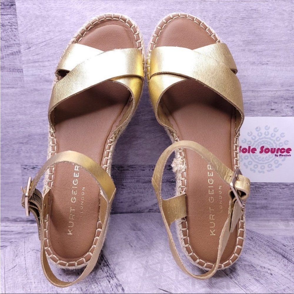 NEW Kurt Geiger Arlo Leather Platform Wedge Espadrille Sandal Gold Women's 9